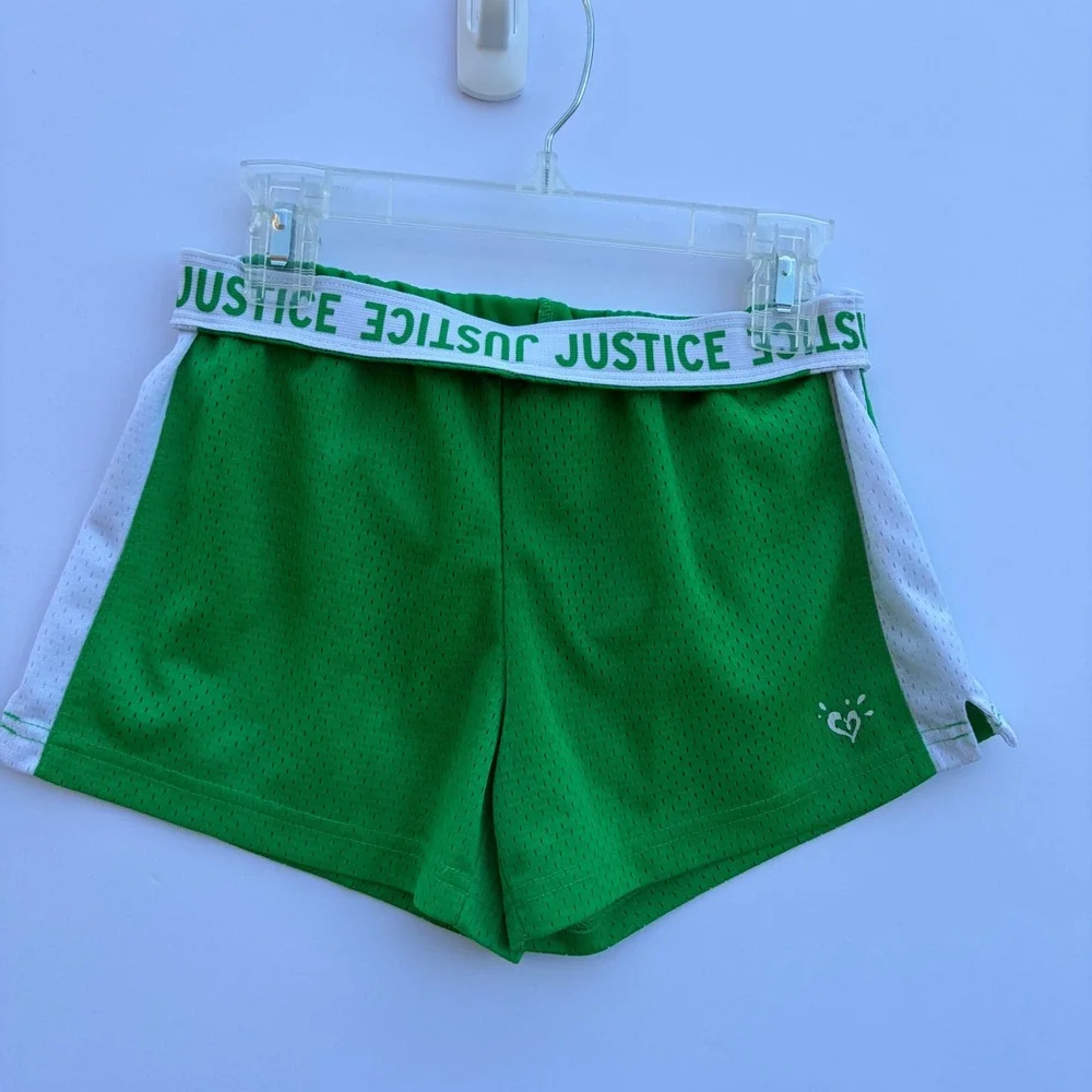 Justice Girls Green Athletic Shorts White Side Stripe Logo Waistband‎ Size 10
